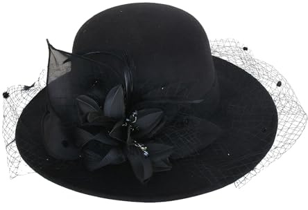 RUIXIA Chapeau Derby en Feutre Chapeau Fedora Large Bord à Voilette Décoré de Fleurs Bonnet Élégant Vintage Style des Années 1920 pour l'Église Cocktail Mariage Cérémonie