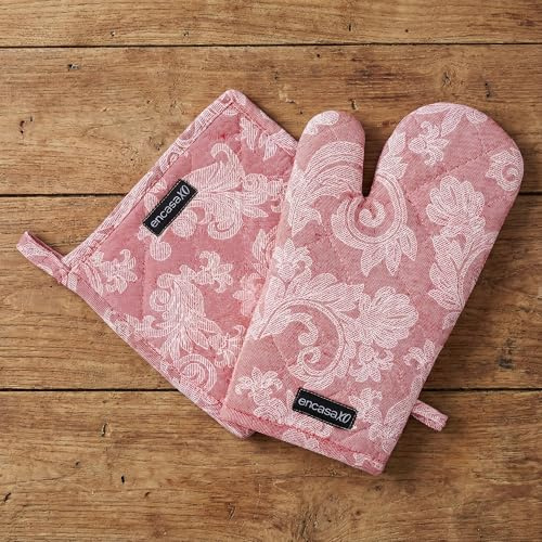 Encasa XO Heat Resistant 100% Cotton Oven Glove & Potholder Set with Loop, Kitchen Cooking Mittens, Microwave Safe Hot Pads - Floral Red, 18x30 cm, (Pack of 2)