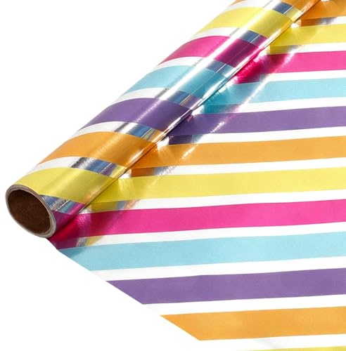 Komforbaa Mini Roller presentpapper metalliska regnbågsränder 43 cm × 3 m - glänsande festlig för vuxna födelsedagar och speciella tillfällen