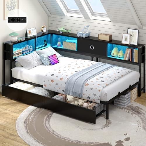 DICTAC Jugendbett 90x200 mit LED-Beleuchtung und Ladestation, Schlafsofa 90 x 200 mit stauraum-5 Staufächern und 2 Schubladen, Tagesbett Einzelbett 90x200 mit Lattenrost aus Metall, Schwarz Daybed