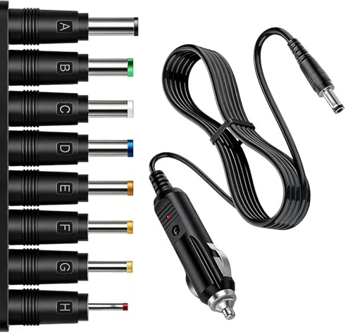 12V 5A Cargador de Coche Universal con 8 Conectores, Adaptador de Alimentación DC 5.5 x 2.1 mm, Cable de 1,5 m con Indicador LED para DVD Portátil, Altavoces Bluetooth, GPS, Cámaras, Router