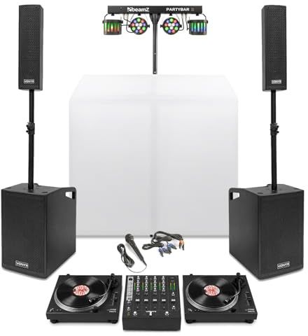 Vonyx Vinyl DJ Setup with DT6000 Direct Drive Turntables, 4 Channel DJ Mixer, Mobile DJ Booth, Column Line Array PA System and Party Light Bar for Events and Shows