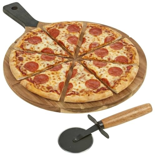 URBNLIVING Acacia Wood Pizza Board Set with Cutter, 18-Inch Wooden Pizza Serving Board, Durable Round Pizza Tray for Cutting, Serving Cheese, Bread & Snacks, Rustic Kitchen Platter