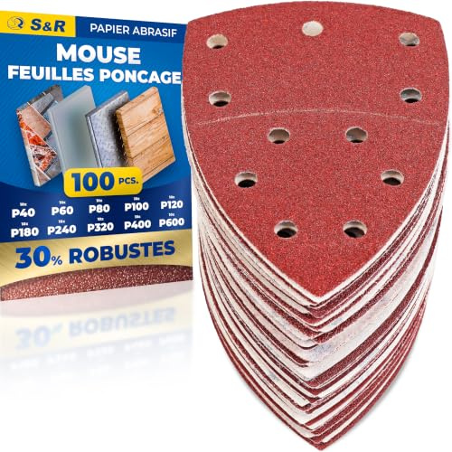 S&R Juego Hojas Papel de Lija Lijadora de Ratón. Almohadillas de lija | triangular - Recambio Lijadora Detailles Mouse Delta - Papel Multilijadoras 100 pcs