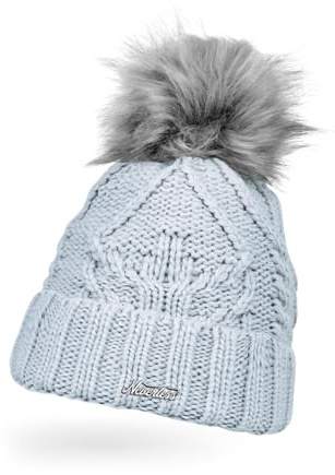 Neverless® Damen Strick-Mütze gefüttert Umschlag Fleecefutter Fell-Bommel Kunstfell Winter-Mütze Zopfstrick Bommelmütze