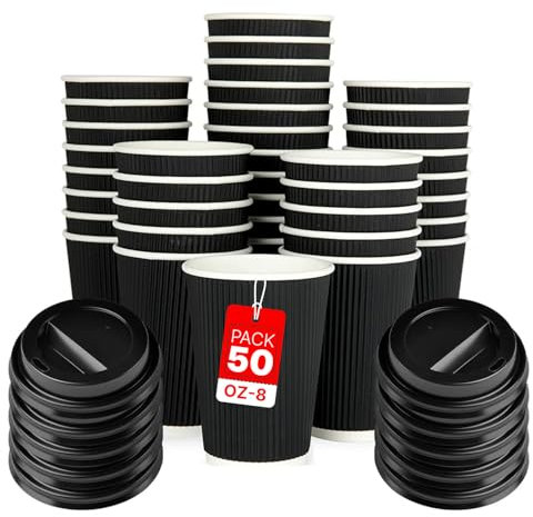 Zuvo 50 Pack Takeaway Coffee Cups with Lids | Disposable Insulated Triple Wall Ripple Kraft Paper Coffee Cups for Takeaway Coffee, Tea or hot Liquids | Pack of 50 (8 Oz.), Black