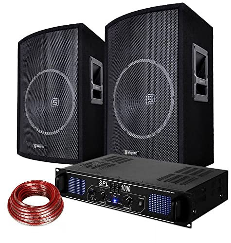 Equipo de Sonido DJ 1000W con 2 Altavoces pasivos 15”, Amplificador y Cable – Sonido Profesional, Graves potentes, diseño portátil, Ideal para Eventos, Fiestas, actuaciones y presentaciones