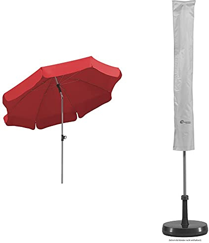 Schneider Sonnenschirm Locarno, rot, 200 cm rund, Gestell Stahl, Bespannung Polyester, 2.4 kg & Schutzhülle für Sonnenschirm, silbergrau, bis ca. 200 cm Ø