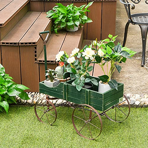 RELAX4LIFE Carriola Porta Fiori/Carrello dei Fiori/Fioriera in Legno di Abete con Ruote e Maniglia Regolabile e Portata di 15 kg, per Esterno e Interno (62x34x60 cm, Verde)