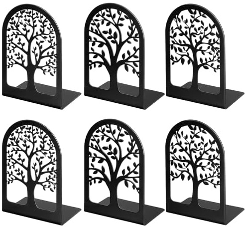HappyHapi Book Ends, Metal Bookends for Shelves Decorative, Tree Stopper for Heavy Books, Black Ends to Hold Books for Home Office, 6.5 X 4.7 X 3.5 Inch(3 Pairs/6 Pcs, Large)