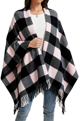 Rayson Poncho Donna Invernale Elegante Sciarpa alla Moda in Tartan con Motivo a Quadri Scialli e Pashmine Invernali Spessi Caldi e Morbidi(Nero)
