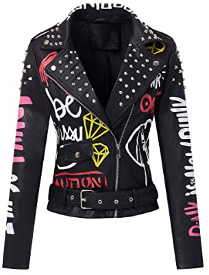RISISSIDA Women Faux Leather Studded Moto Jacket Belted,Black,80,M
