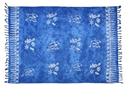 SAIVONA Pareo Sarong Strandtuch Damen - Wickelrock Strand - Handtuch Blickdicht als Wickeltuch oder Handtuchkleid und Wickelkleid Damen - Handarbeit aus Fair Trade Herstellung Batik Blau Meerestiere