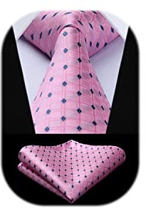 HISDERN Men's Pink Plaid Ties for Wedding Party Woven Necktie With Pocket Square Set for formal Business