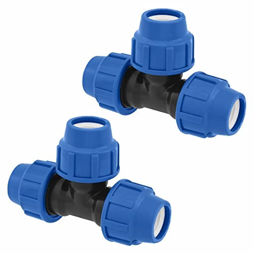 SmartProduct T-Stück PE Rohr Fitting 25mm x 25mm x 25 mm Verschraubung PN16 DVGW Trinkwasser zertifiziert – Klemmverbinder – PP T Stück Kupplung kompatibel mit PE80 PE100 Rohren - 2er-Pack