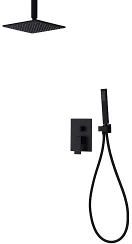 Mischbatterie Brausegarnitur Brausegarnitur Unterputz-Duschsystem Fortschrittliche Luftinjektionstechnologie Badezimmer-Regendusche-Set mit 20 * 20 cm Kopfbrause und Handbrausebeschichtung Schwarz