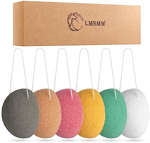 LMSMW Organic Konjac Cleansing Facial Sponges Gentle Exfoliating Konjac Sponge for Face Body Washing with Activated Charcoal, Natural Skincare Tools Suitable for Oily Dry Combination Sensitive Skin