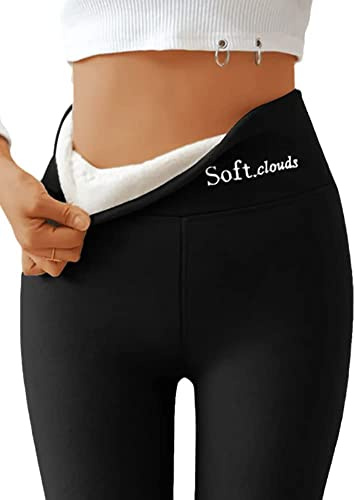 Casual Warm Winter Solid Pants Lambskin Winter Leggings Soft Clouds Fleece Leggings for Women (Black,L)