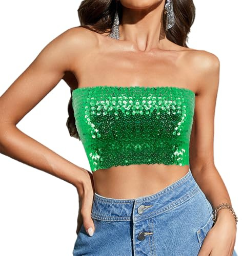 Naimo Damen Glitzer Pailletten Crop Top Schulterfreies Bandeau Tube Top Sparkle Trägerlos Tops Bluse Party Rave Oberteil