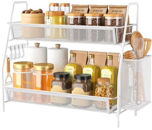 VITVITI Spice Racks, 2 Tier Cupboard Shelf Organiser with 4 Hooks and Side Basket, Kitchen Essentials for Accessories Storge, Desktop Organizer for Kitchen, Dining Room, Office - White