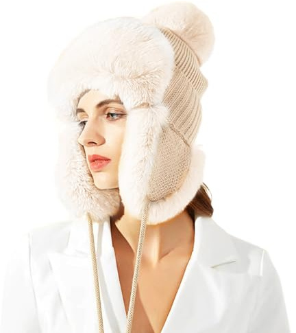 TAGVO Beanie Mütze Fellmütze Damen Winter, Winddicht Fliegermütze Damen Bomber Hut Beanie Mütze mit Weichem Fleece Innenfutter, Warme Erwachsenen Wintermütze mit Ohrenklappen für Damen