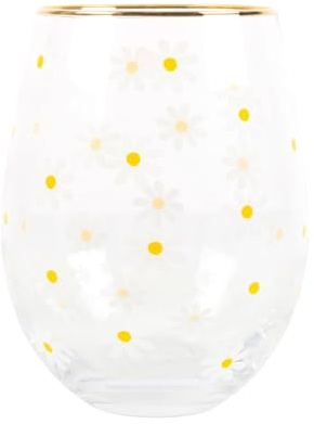 Something Different Wholesale Incantevole bicchiere da vino senza stelo con margherita e bordo dorato, design primaverile, allegro ed elegante, per un tocco di gioia floreale