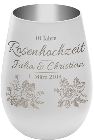 Windlicht mit Gravur ''10 Jahre Rosenhochzeit'' - Weiß/Silber - Glas Teelichthalter personalisierbar mit Wunschtext - Geschenk zu Hochzeit Jahrestag Jubiläum