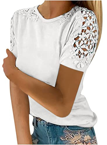 Suelta Camiseta Mujer Manga Corta de Encaje Hueca, Tallas Grandes Blanca Color Sólido Elegante Multicolor Casual Tops Verano 2024