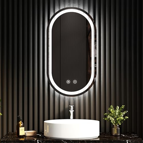 EMKE Ovale Badspiegel mit Beleuchtung 50x90cm, 3 Lichtfarbe Dimmbar | Badezimmerspiegel mit Antibeschlag, Touchschalter, Speicherfunktion, IP44 Schutz, Auto-Abschaltung nach 3h, Oval Spiegel