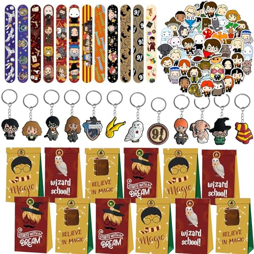 Yisound123 Ensemble de 86 pièces pour sac de fête - Garnitures pour sac de fête de sorcier, faveurs de fête magiques - 12 porte-clés - 12 sacs de fête - 50 autocollants - 12 Slapbands - Fournitures de