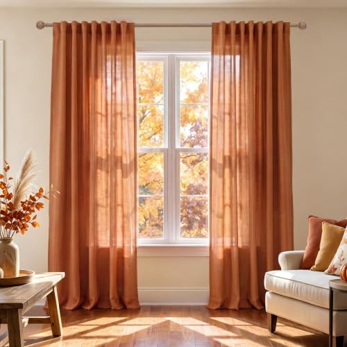 Mrs.Naturall Leinenvorhänge für Wohnzimmer, Rückenschlaufen, Herbstlicher Boho-Stil, halbdurchsichtig, für Schlafzimmer, 213 cm, 2 Paneele, Burnt Orange