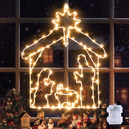GlobaLink Weihnachtskrippe, 8 Modi Weihnachtskrippe Lichterkette, IP44 Wasserdicht Weihnachtskrippemit Beleuchtung und Timing Funktion, Outdoor Weihnachtskrippe Lichterkette für Weihnachten