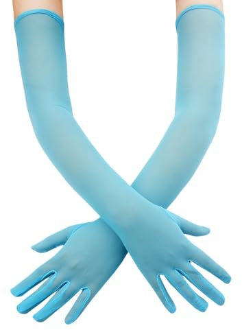 DyLyz 2 Paar lange Spitzenhandschuhe für Damen blau durchsichtiges Netz Tüll ellenbogenlange Handschuhe elegante Vollfinger Armstulpen Braut Hochzeitshandschuhe für Abendessen Oper Teeparty