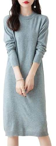 Ailaile Abito in maglia in 100% lana merino da donna, a manica lunga, con scollo a O, a metà lunghezza, pullover, girocollo, autunno inverno, Grigio verde., S