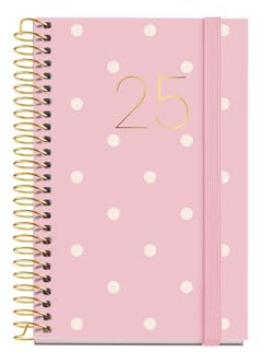 Miquelrius - Dagskalender 2025, 80 x 120 mm, dagskalender, folierad kartongomslag, spiral, elastisk gummiförslutning, 80 g/m² papper, katalanska, engelska och portugisiska, polka dots