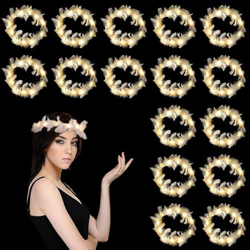 HIQE-FL LED Fleur Guirlande Cheveux,16 Pièces Couronnes de Cheveux lumineuses en Plumes,LED Bandeau Fleur,LED Plumes Bandeaux Lumineux Bandeau,Halloween,Noël,Décoration de Fête