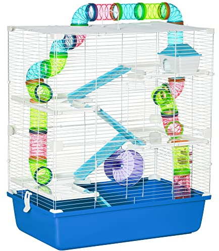 PawHut Gabbia per Criceti a 5 Livelli con Tubi, Casetta, Serbatoio dell'Acqua, Rampe, Ciotola, Piattaforme e Ruota, Gabbietta per Roditori con 2 Maniglie in Acciaio, PP e PS, 59x36x69 cm, Blu
