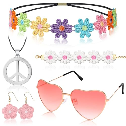 BOYATONG Hippie Kostüm Damen, Faschingskostüme Damen Hippie Accessoires, 5 Stück Hippie Accessoires - 70er Jahre Bekleidung Zubehör,Flower Power Accessoires,Peace Kette, Brille (Böhmen Stil)