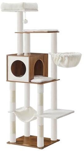 Feandrea Grand Arbre à Chat, 165 cm, Tour de Jeux pour Chats, Multi-Niveaux, avec Grotte, Plateforme de Repos, Hamac, Balle en Peluche, Poteaux à Griffer, Marron Miel PCT118K03
