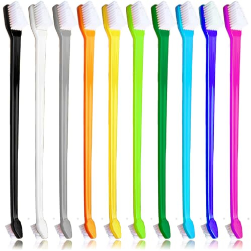 MoonyMars Dog Toothbrush Set of 10 - Dual Headed Tooth Brushes for Small to Large Dogs, Cat, Puppy, Kitten & Most Pet, Double Sided Teeth Cleaning Bulk Kit with Soft Bristles Long Handle, 10 Colors