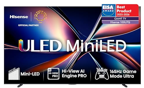 Hisense 100 100U7QTUK MiniLED QLED 165Hz AI TV - Hi-View AI Engine, 165Hz Game Mode Ultra, 2.1 Channel, Dolby Atmos, Quantum Dot Colour, Anti-Reflection with Freely, Disney +, YouTube, Netflix
