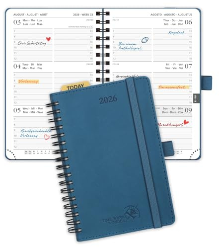 POPRUN Kalender 2026 Klein 16 x 10,5 cm (Jan.2026-Dez.2026) - Taschenkalender 2026 Klein Ringbuch mit Softcover - Terminplaner, Planer 1 Woche 2 Seite mit Plastiklineal - Marineblau