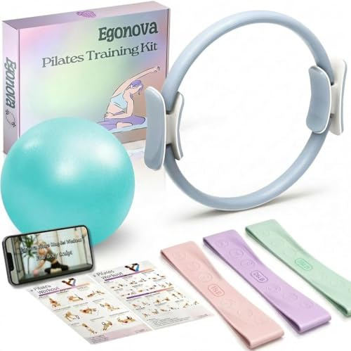 EgoNova Ensemble Pilates : Anneau 35 cm, poignées rembourrées, Mini-Ballon, Bandes de résistance pour Force, flexibilité, stabilité et raffermissement (5, Blue, One Size)