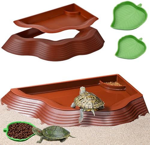 Tortoise Water Bowl with Ramp, 3PCS Leaf Reptile Food Water Bowl Turtle Pool Reptile Water Dish Tortoise Bathing Pool Turtle Soaking Dish Aquarium Habitat Accessories Small