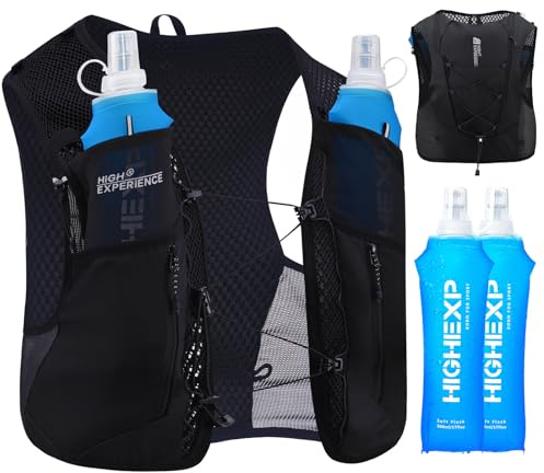 HIGH EXPERIENCE Running Vest Lightweight 4L Trail Hydration Backpack Pack with 2 17oz Soft Flask Jogging Marathon Cycling Hiking for Women Men (Black, Medium)