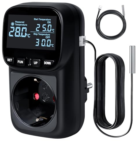 Temperatursteuerung Steckdose 16A/3680W -40°C~120°C, Digitales Thermostat, 5M + 2M Kabel Sensoren, Heizen/Kühlen, Zyklustimer/Countdown- Schwarze