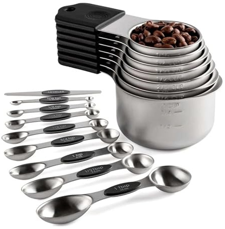 Juego de 16 tazas y cucharas medidoras magnéticas de acero inoxidable: 7 tazas resistentes y 8 cucharas de doble cara con nivelador.