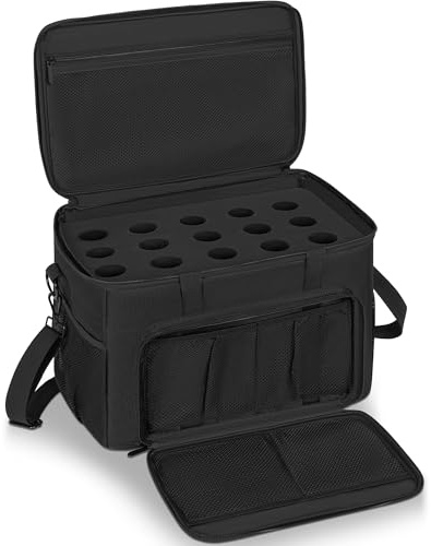 FREEAMG 15 Slots Wireless Microphone Bag with Shoulder Strap&Foam, Mic Carry Travel Bag for Receiver, Batteries and Other Accessories, Mic Storage Bag with Thick Padding for Singing, Karaoke, Party