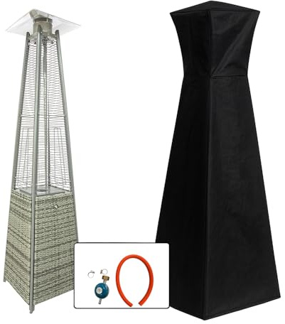 TEMPO STYLE - Pyramid utomhus gasspis 13 kW | Levande flamma värmare för trädgård, bar och restaurang | Täckning och regulator ingår | Modern design | 13–15 kg flaska (rottinggrå)