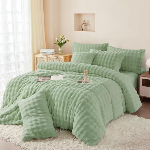 Boqingzhu Plüsch Bettwäsche 135x200cm Grün Hellgrün Uni Einfarbig Kuschelig Flauschig Warm Winter Flanell Fleece Wende Bettwäsche Set Kaninchen Kunstfell Bettbezug und Kissenbezug 80x80cm